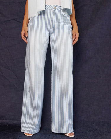 JEANS MUJER WIDE LEG TIRO ALTO BICOLOR RAYAS AZUL CLARO / BLANCO SILUETA AMPLIA