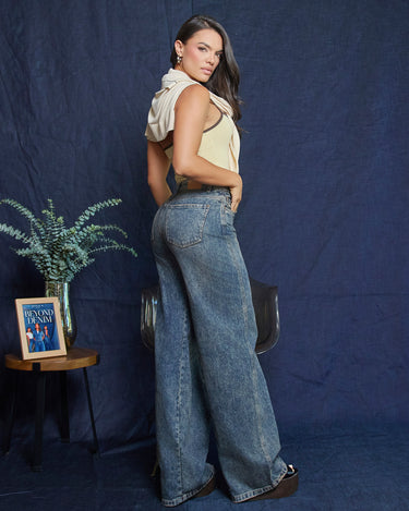 JEAN MUJER WIDE LEG TIRO ALTO COLOR AZUL OSCURO SILUETA AMPLIA