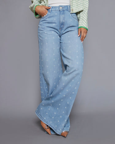 JEAN MUJER WIDE LEG TIRO ALTO ESTAMPADO LUNARES COLOR AZUL CLARO (PREVENTA)