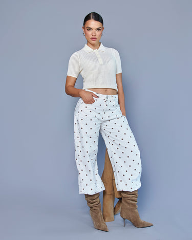JEAN MUJER WIDE LEG TIRO ALTO COLOR IVORY ESTAMPADO LUNARES SILUETA AMPLIA