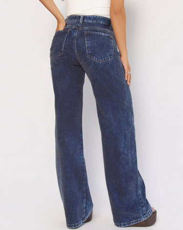 PANTALON MUJER WIDE LEG TIRO ALTO COLOR AZUL OSCURO SILUETA AMPLIA