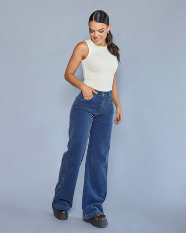 PANTALON MUJER WIDE LEG TIRO ALTO COLOR AZUL OSCURO SILUETA AMPLIA (PREVENTA)