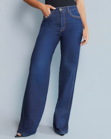 JEAN MUJER BOTA RECTA TIRO ALTO COLOR AZUL OSCURO SILUETA AMPLIA