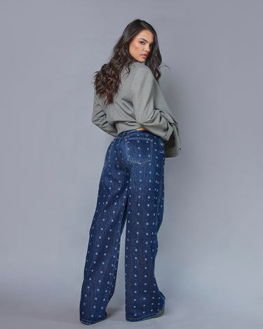 JEAN MUJER WIDE LEG TIRO ALTO ESTAMPADO LUNARES COLOR AZUL OSCURO (PREVENTA)