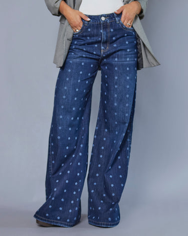 JEAN MUJER WIDE LEG TIRO ALTO ESTAMPADO LUNARES COLOR AZUL OSCURO (PREVENTA)
