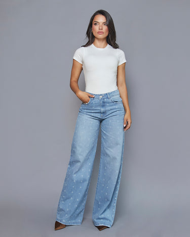 JEAN MUJER WIDE LEG TIRO ALTO COLOR AZUL CLARO ESTAMPADO LUNARES SILUETA AMPLIA