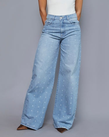 JEAN MUJER WIDE LEG TIRO ALTO COLOR AZUL CLARO ESTAMPADO LUNARES SILUETA AMPLIA