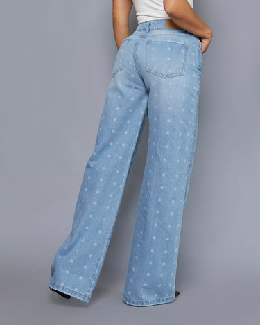 JEAN MUJER WIDE LEG TIRO ALTO COLOR AZUL CLARO ESTAMPADO LUNARES SILUETA AMPLIA