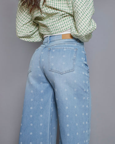 JEAN MUJER WIDE LEG TIRO ALTO ESTAMPADO LUNARES COLOR AZUL CLARO (PREVENTA)