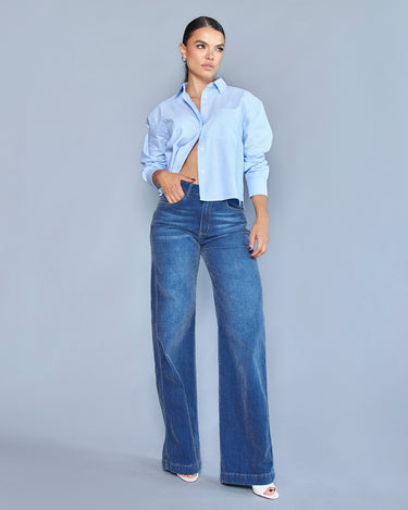 PANTALON MUJER WIDE LEG TIRO ALTO COLOR AZUL OSCURO SILUETA AMPLIA (PREVENTA)