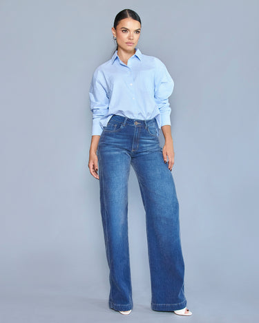 PANTALON MUJER WIDE LEG TIRO ALTO COLOR AZUL OSCURO SILUETA AMPLIA (PREVENTA)